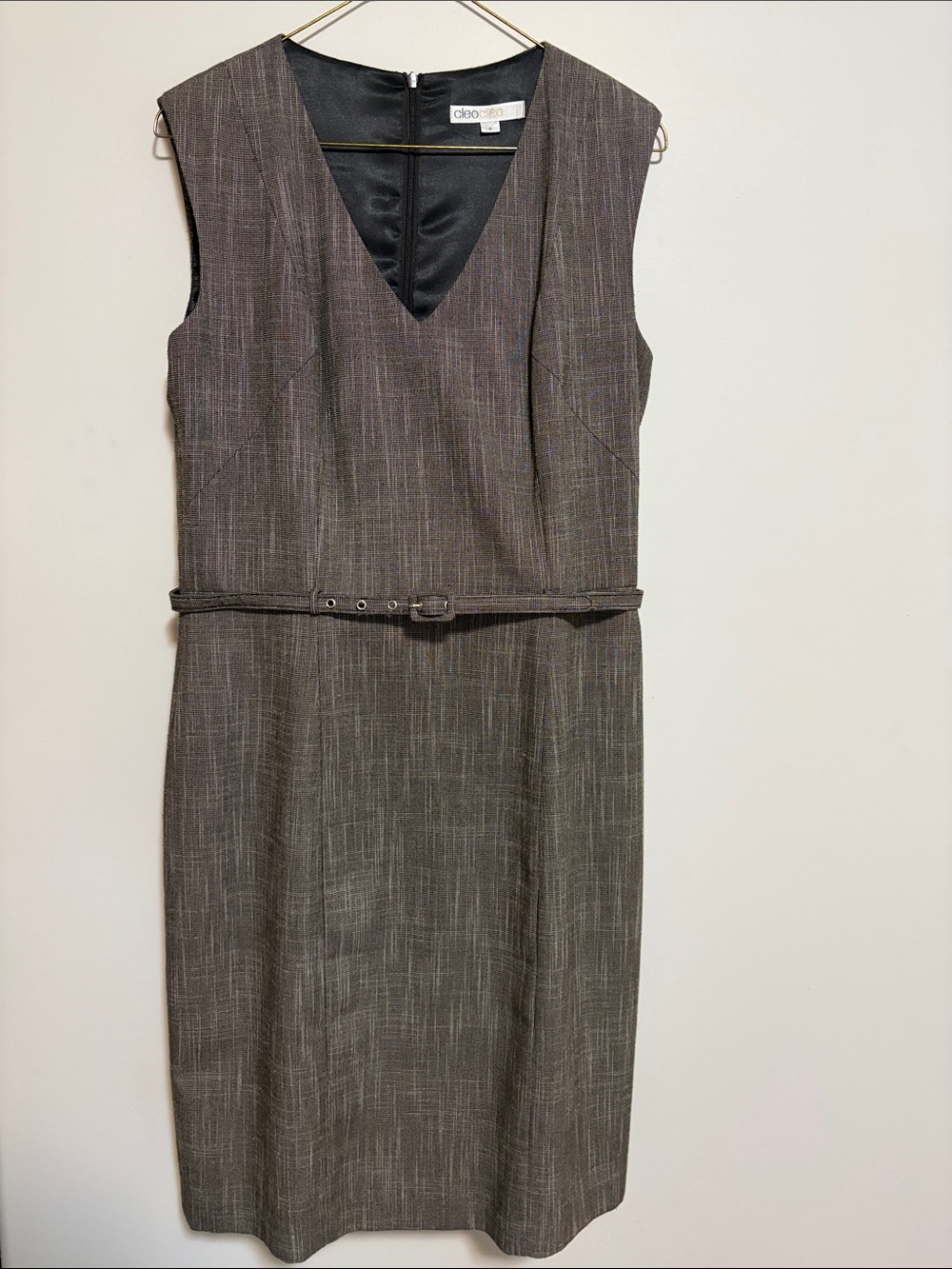 cleo Brown Textured V-Neck Sheath Dress with Slim Belt